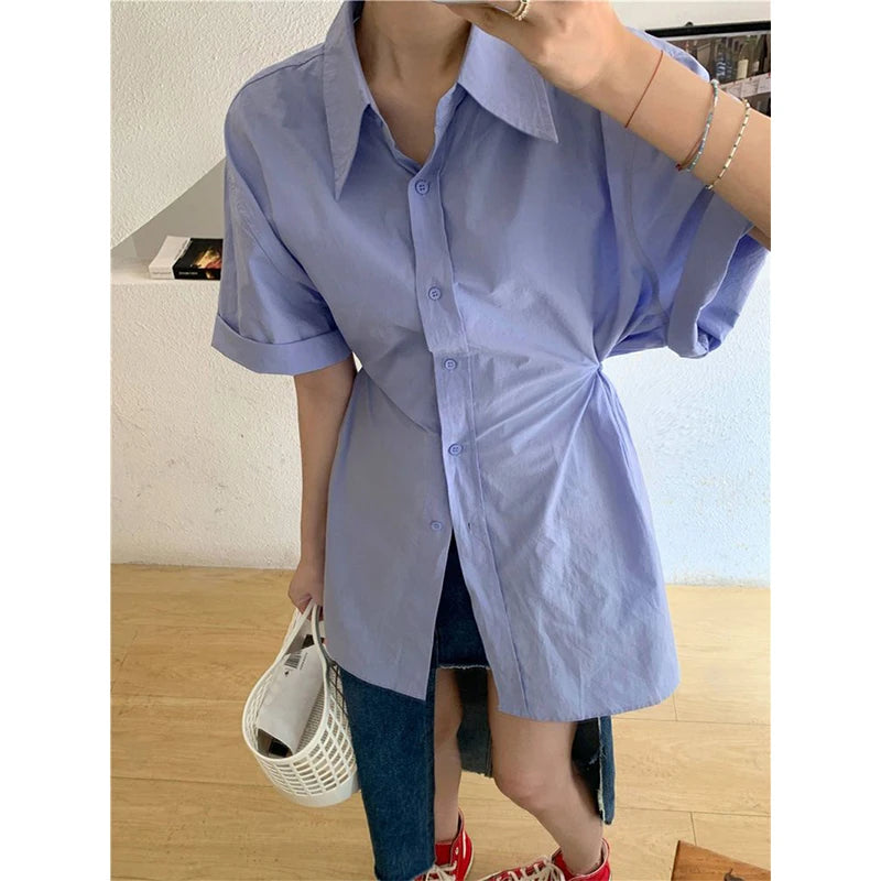 Lunivop Streetwear White Shirts Women Harajuku Folds Short Sleeve Blouses Summer Preppy Korean Fashion Design All Match Chic Tops