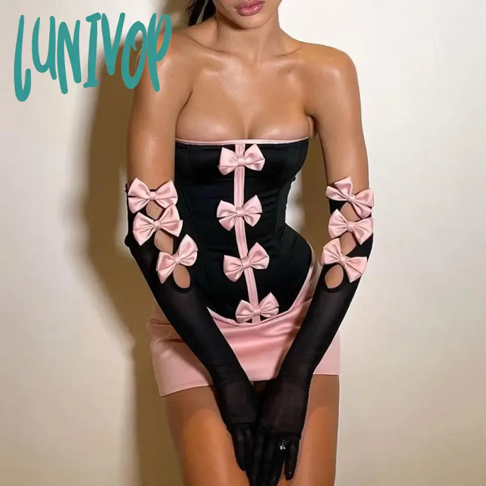 Lunivop  Summer Elegant Women Outfits Club Corset Crop Top with Sleeve Glove and Bow Skirts Mini Sexy Two Piece Sets Party Dress