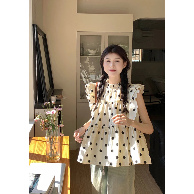 Lunivop Sweet Cute Polka Dots Shirts Women Streetwear Ruffles Flying Sleeve Blouses Summer Korean Fashion Stand Collar Tops New