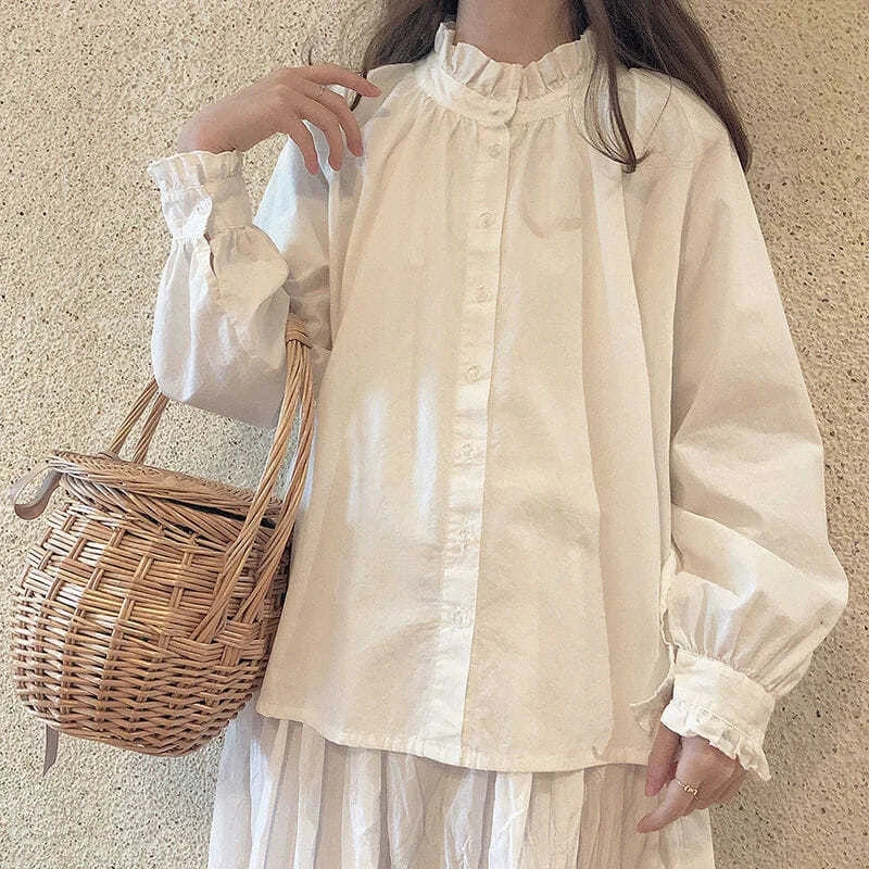 Lunivop Sweet White Shirts Women Kawaii Ruffles Lantern Sleeve Blouses Student Preppy Harajuku Lolita Japanese Korean Casual Tops