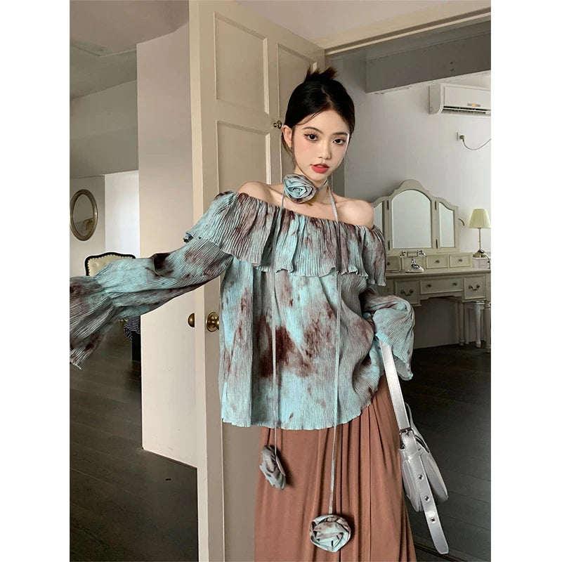 Lunivop Vintage 90S Tie Dye Shirts Women Sexy Slash Neck Flare Long Sleeve Blouses Summer Korean Elegant 3D Flower Casual Tops New