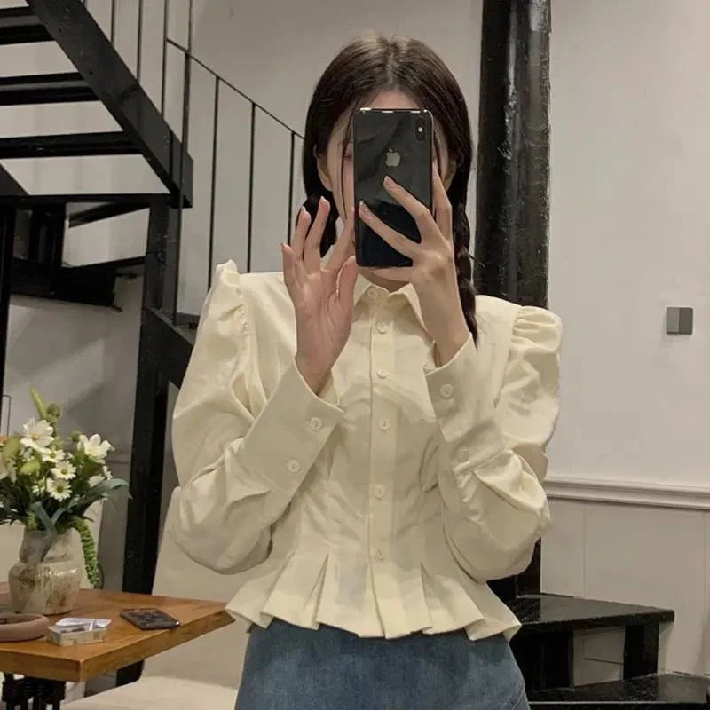 Lunivop Vintage Folds Shirts Women Korean Ruffles Puff Long Sleeve Crop Tops Streetwear Preppy Slim All Match Blouses Spring New