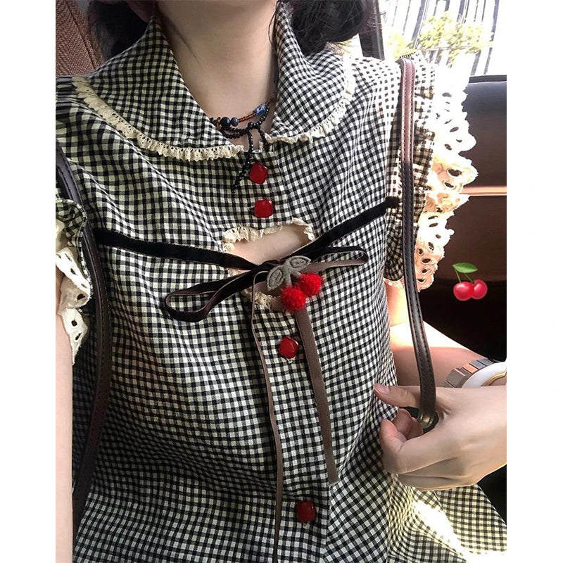 Lunivop Vintage Plaid Shirts Women Japanese Kawaii Bow Hollow Out Blouses Summer Harajuku Korean Cute Flying Sleeve Patchwork Tops