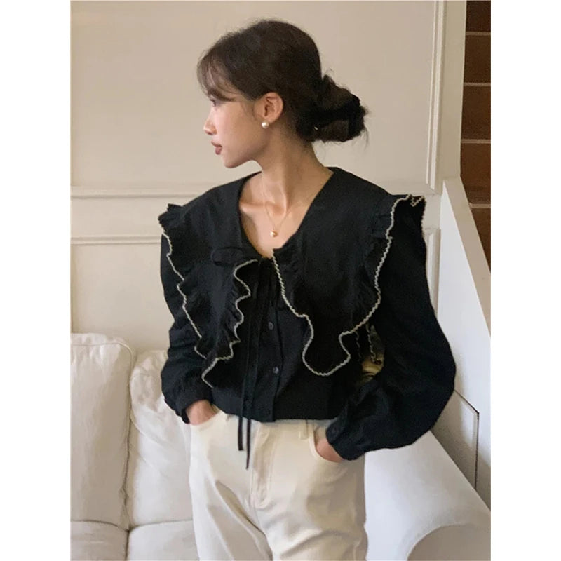 Lunivop Vintage Ruffles Shirts Women Elegant Black Patchwork Long Sleeve Blouses Office Ladies Korean Bandage Casual Chic Tops New