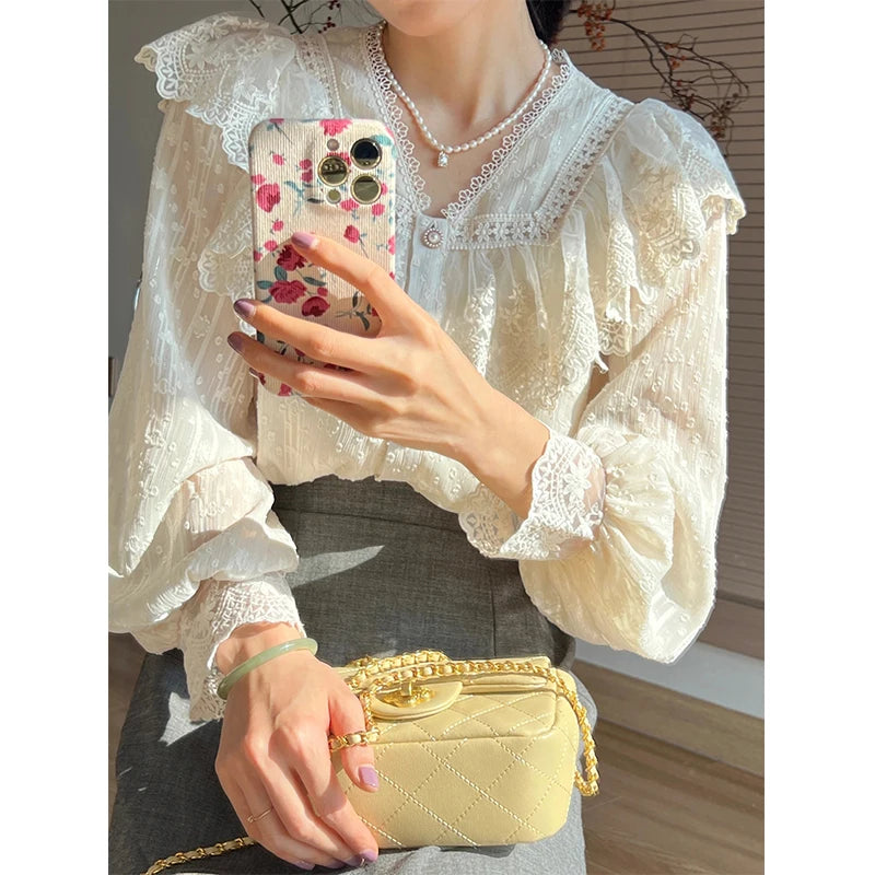 Lunivop Vintage Ruffles Shirts Women Elegant Lace Patchwork Blouses Office Lady Korean V Neck Long Sleeve All Match Chic Tops New