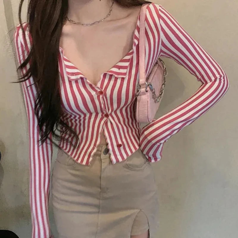 Lunivop Vintage Striped Shirts Women Y2K Tunic Slim Crop Tops Streetwear Korean Harajuku Long Sleeve Skinny Casual Blouses New