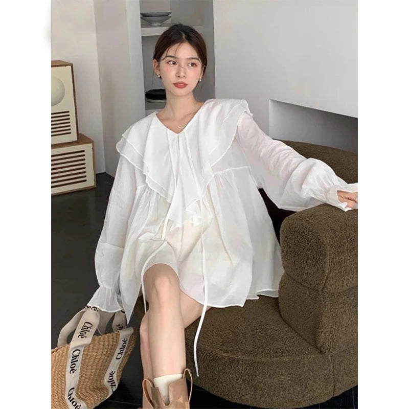 Lunivop Vintage Sweet Ruffles Shirts Women 4Xl White Elegant Oversize Sun-Proof Blouses Korean Cute Flare Sleeve Loose Casual Tops