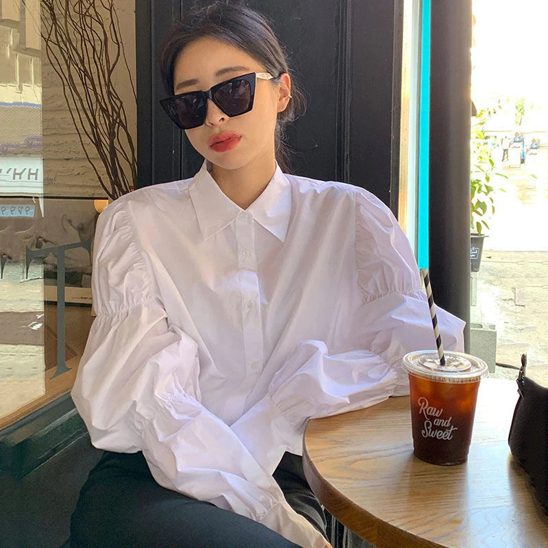 Lunivop Vintage White Shirts Women Puff Sleeve Folds Blouses Korean Streetwear Office Lady Elegant Solid Simple Loose Casual Tops