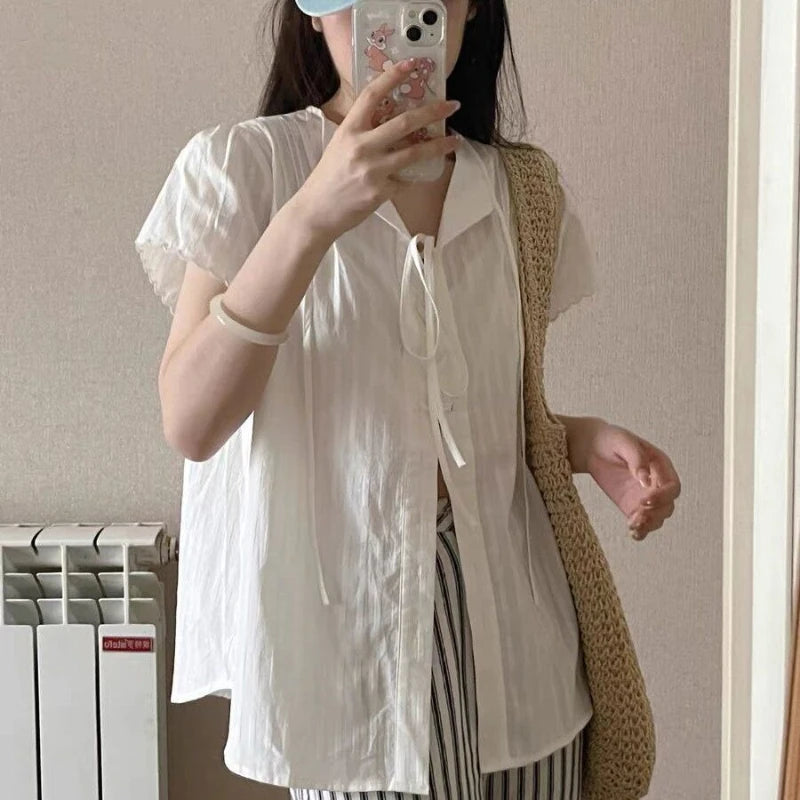 Lunivop Vintage White Women Blouses Elegant Lace Up Shirt Cardigan Casual Sweet Loose Short Sleeve Summer See Through Cover Up