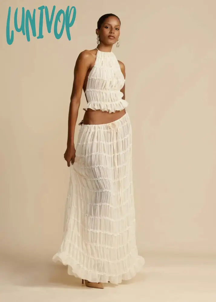 Lunivop White Fungus Maxi Skirt Set 2024 New Sleeveless Backless Cropped Halter Tops+drawstring Long Skirts Elegant Fashion 2 Piece Sets