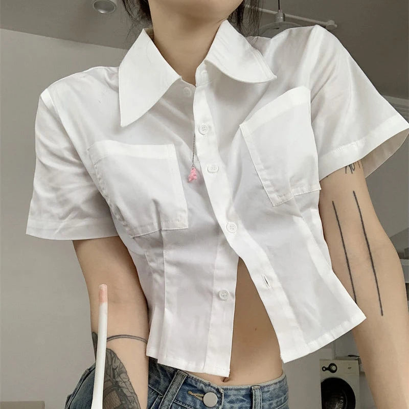 Lunivop White Shirts Women Korean Fashion Slim Crop Tops Summer Preppy Style Short Sleeve Turn Down Collar Blouses Student Basic