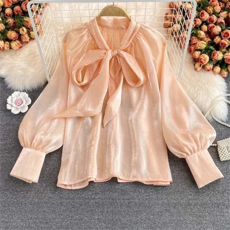 Lunivop Women Blouses Shirts Summer Chiffon See Throught Office Ladies Blouse Fashion Puff Sleeve Lace Up Shirts Tops Black