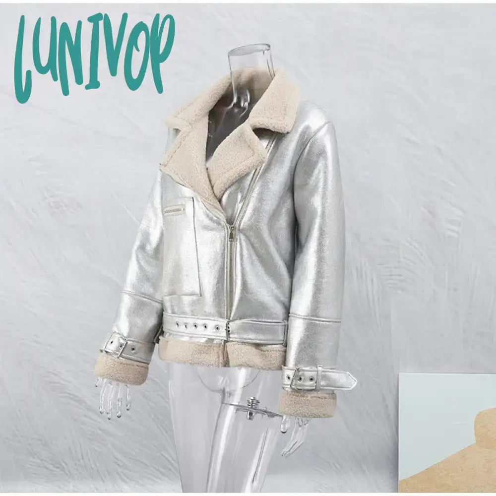 Lunivop Women Chic Elegant Faux Fur Lace Up Jacket Fashion Lapel Long Sleeved Shearling Leather Winter Female Silver Crop Outerwear