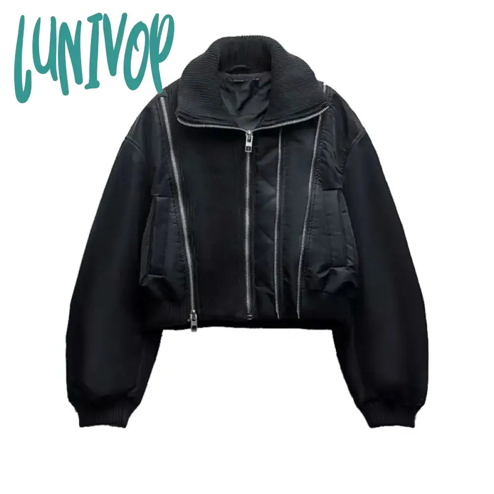 Lunivop Women Elegant Fashion Zipper Crop Cotton Jacket Casual Solid Lapel Long Sleeved Short Coat Winter Lady Chic High Streetwear