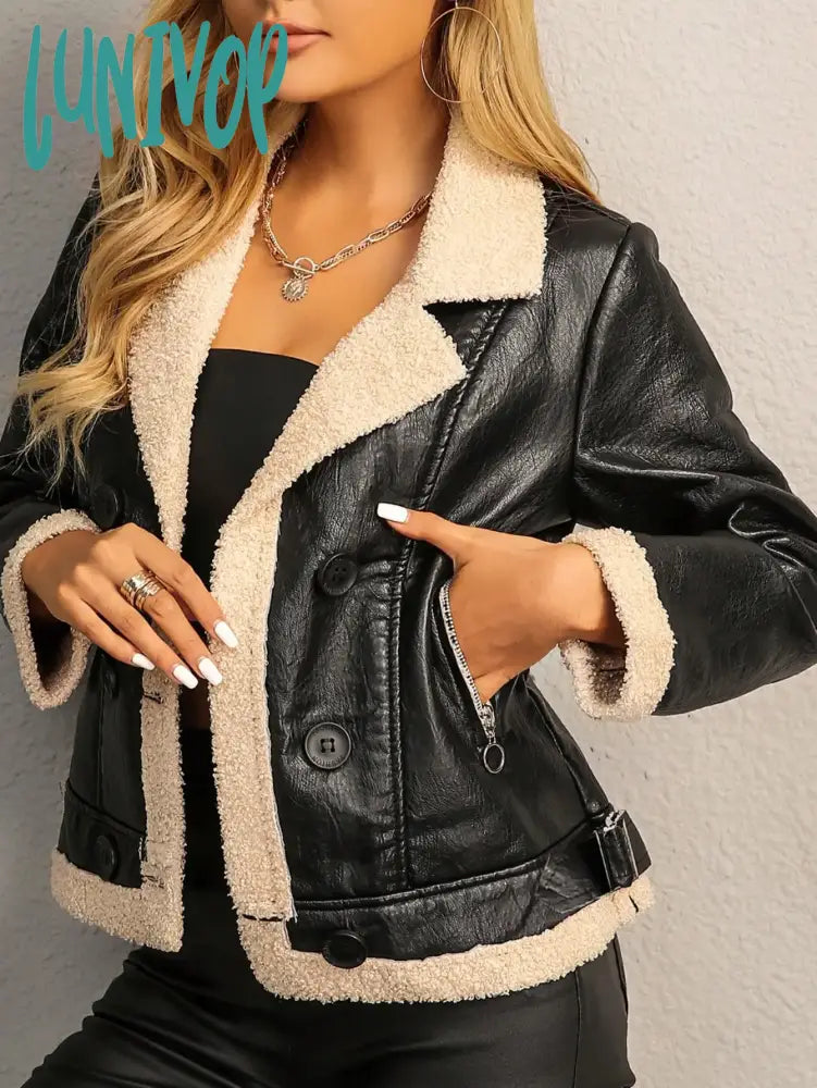 Lunivop  Women Fashion Chic Teddy Panel PU Leather Jacket Vintage Lapel Double Breasted Crop Outerwear Mujer