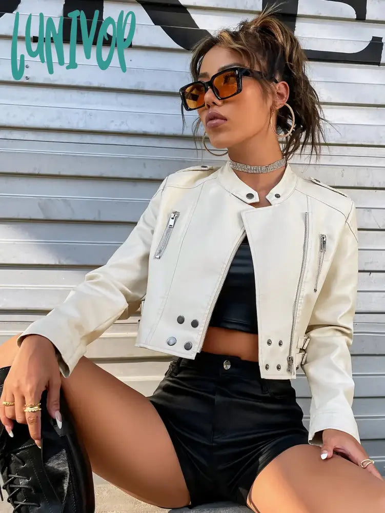 Lunivop Women Fashion PU Leather Moto Jacket Spring And Autumn Buckled Strap Zip Detail Solid Crop Biker Outerwear Mujer