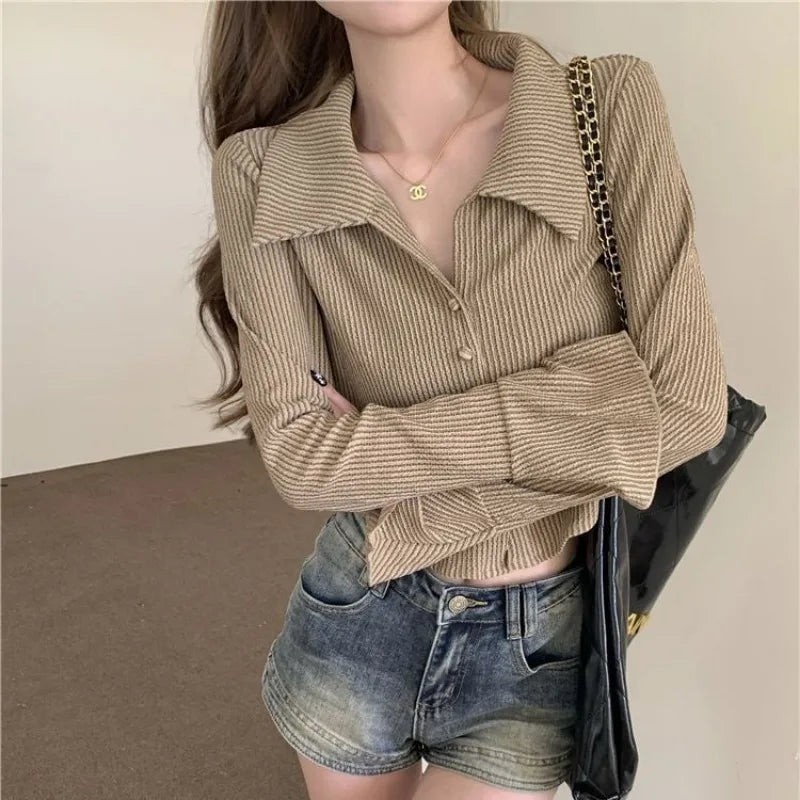 Lunivop Women Striped Cropped Vintage Shirts Korean Style Flare Sleeve Sexys Gyaru Chic Short Blouses Youthful Autumn Clothes