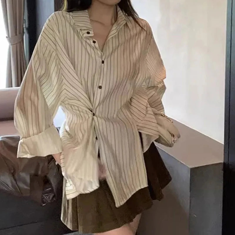 Lunivop Women Striped Shirt Korean High Street Casual Loose Long Sleeve Tops Summer Streetwear Irregular Turn Down Collar Ladies Blouse