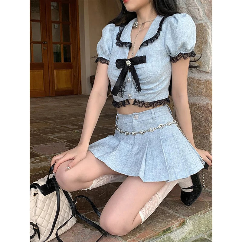 Lunivop Y2K 2 Piece Sets Women Outfit Vintage Cropped Bow Shirts Kawaii Sweet Lace Patchwork Blouses + Korean Pleated Mini Skirt