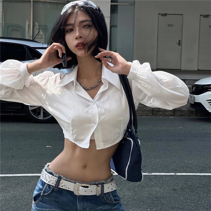 Lunivop Y2K 2000S Cropped White Shirts Women Sexy Hollow Out Long Sleeve Blouses Summer Streetwear Korean Slim Chic Crop Tops New