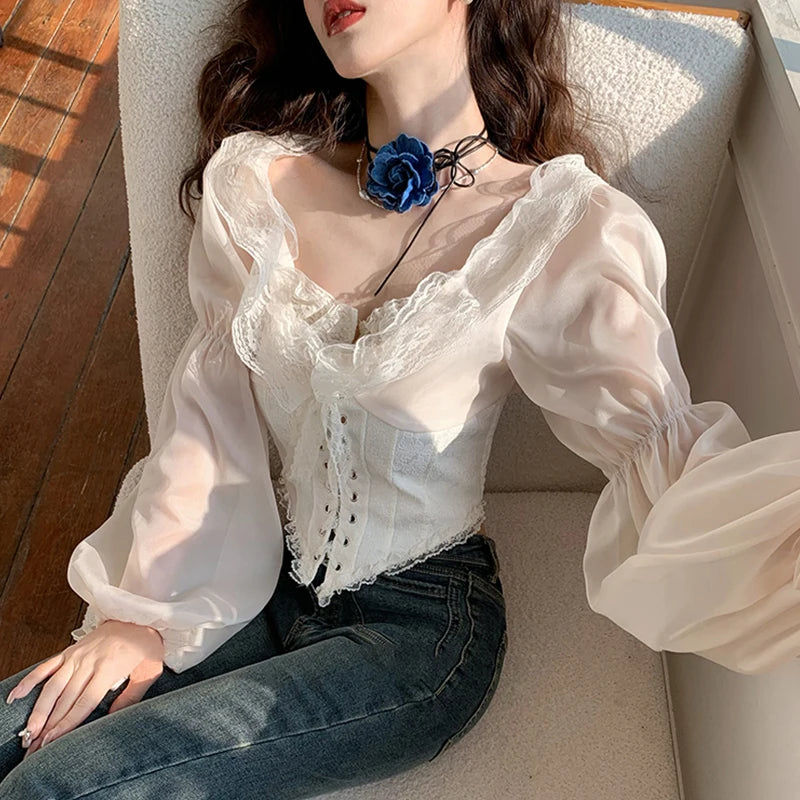 Lunivop Y2K Fairy Women Lace Ruffles Chiffon Blouses Cross Tie-Up Front Lantern Sleeve Shirts Fashion Spring Casual Crop Tops