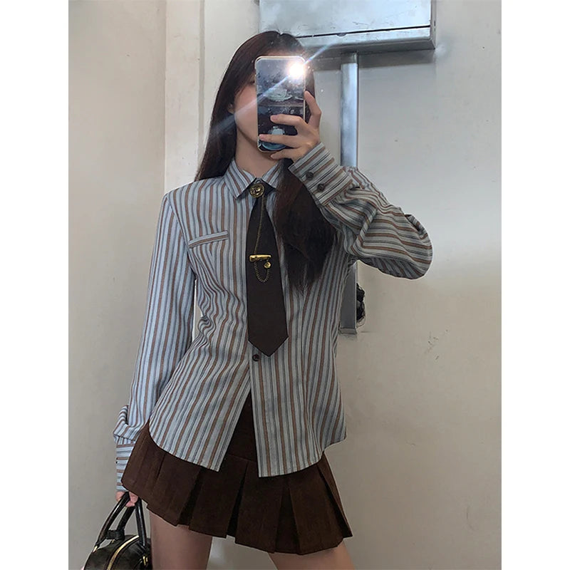 Lunivop Y2K Harajuku Striped Shirts Women Vintage Streetwear Tie Long Sleeve Blouses Korean Preppy Slim All Match Tops Spring New