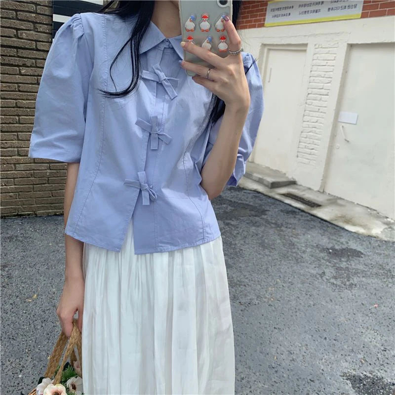 Lunivop Y2K Sweet White Shirts Women Preppy Bow Puff Short Sleeve Chic Blouses Student Summer Korean Solid Loose Casual Crop Tops