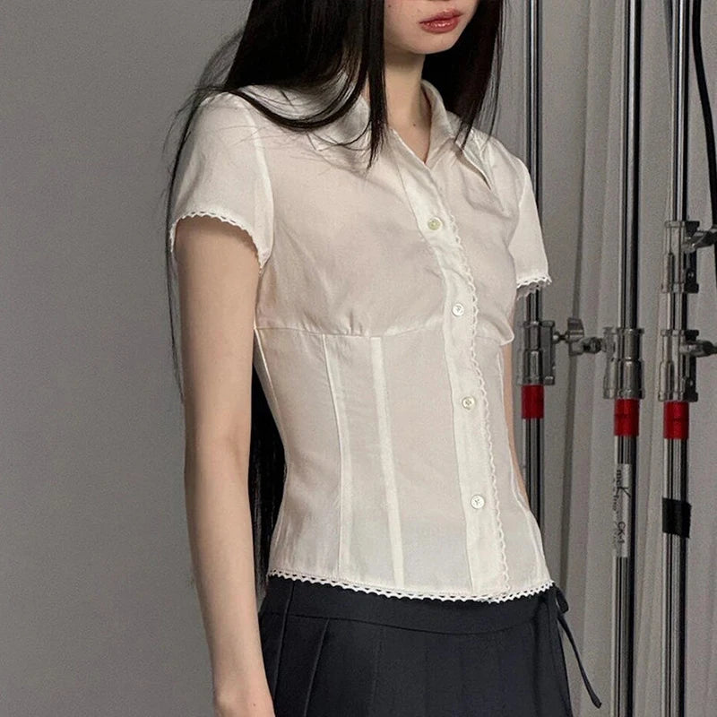 Lunivop Y2K White Shirts Women Harajuku Jk Lace Short Sleeve Blouses Summer Preppy Kawaii Korean Fashion Basic Slim Chic Tops New