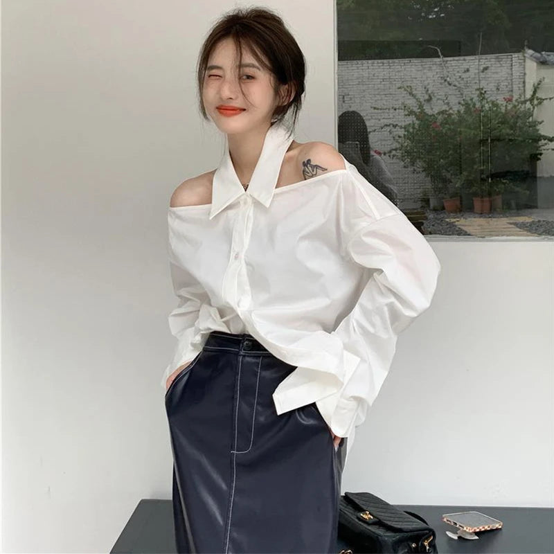 Lunivop Y2K White Shirts Women Streetwear Sexy Halter Hollow Out Long Sleeve Blouse Korean Lady Elegant Off Shoulder Loose Tops