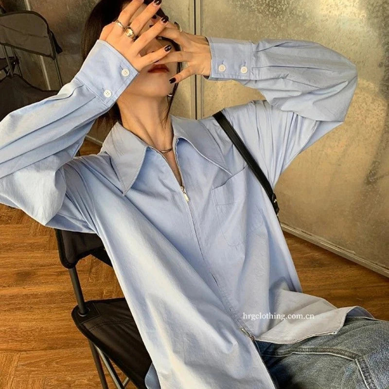 Lunivop Vintage Blue Shirts Women Streetwear White Zip Up Oversized Long Sleeve Chic Blouses Office Lady Korean Loose Casual Tops