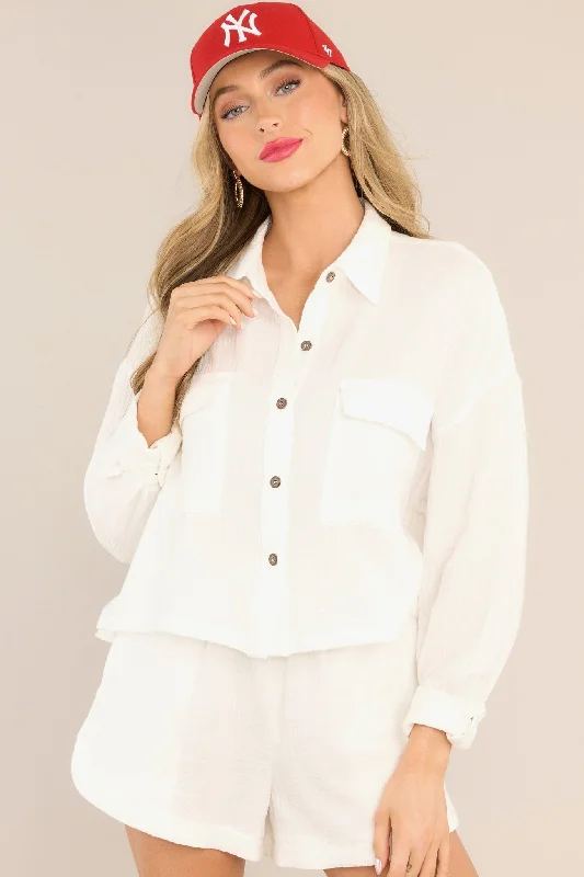 Never Leaving White Gauze Button Front Cropped Top