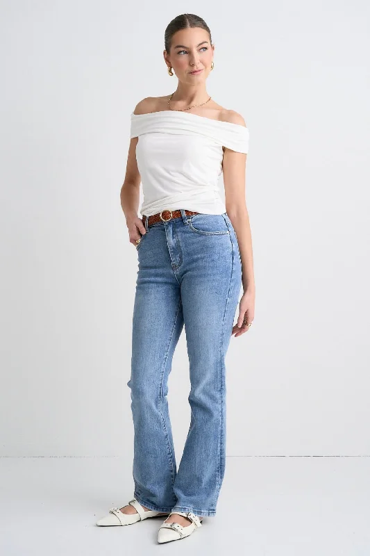 Nightlife Ivory Stretch Off Shoulder Top