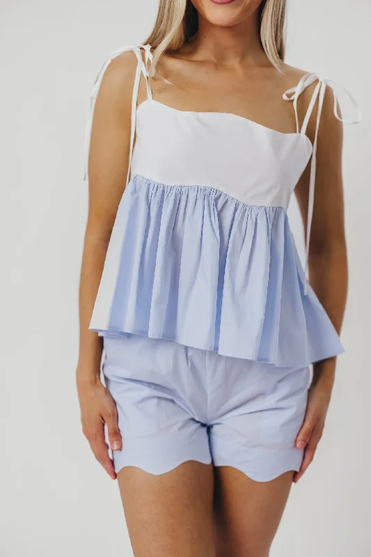 Ricci Scallop Edge Top in Off-White/Blue