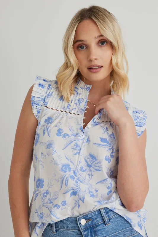 Veneto French Blue Floral Pintuck Sleeveless Top