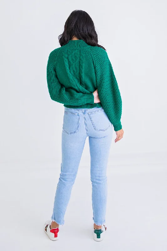 Green Cable Mock Sweater