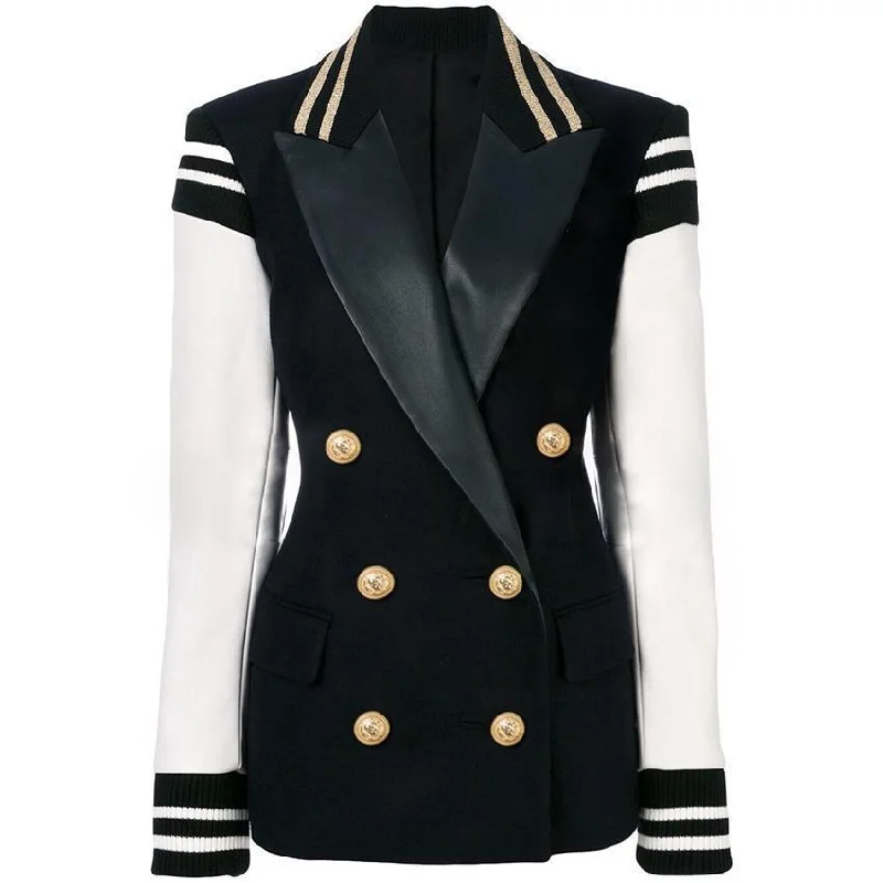 Women Blazer, Patchwork Leather Sleeve Blazer