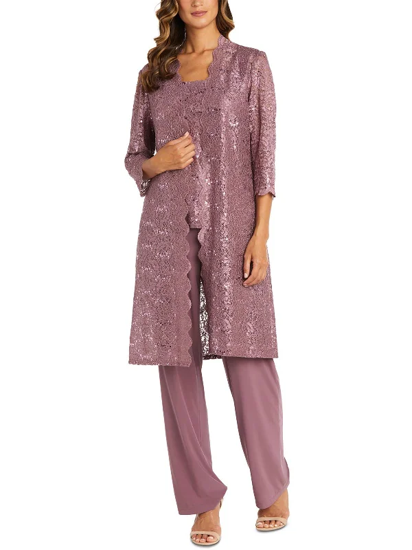 Petites Womens Lace Party Pant Suit