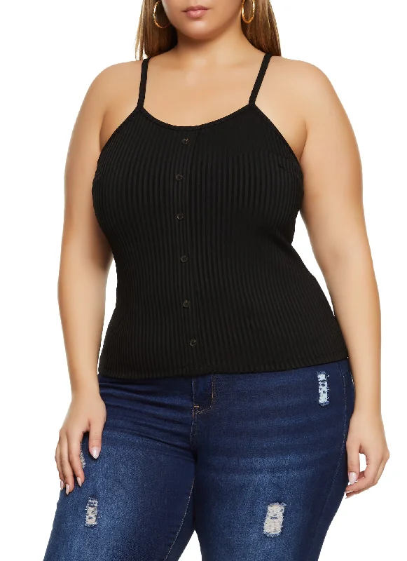 Plus Size Ribbed Faux Button Front Cami