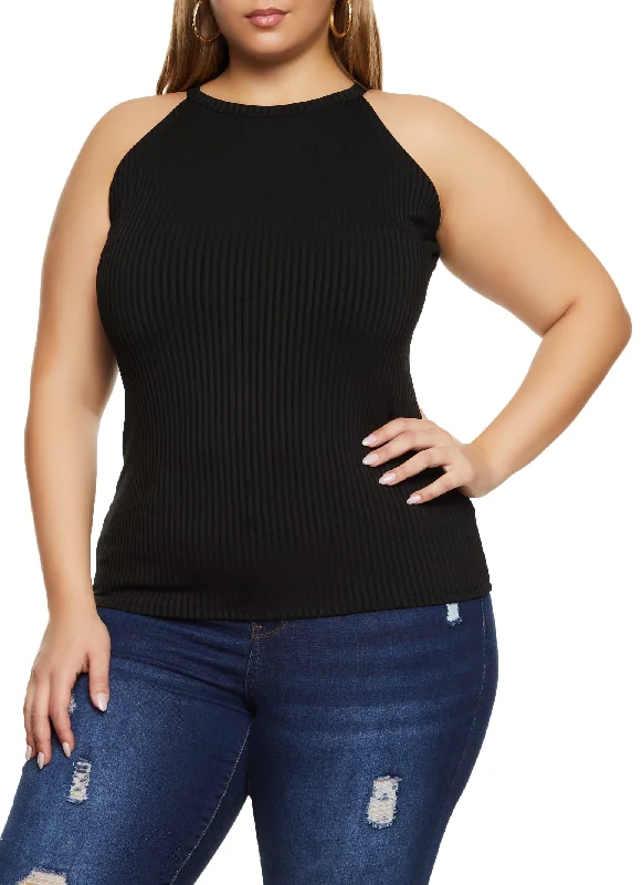 Plus Size Ribbed High Neck Tank Top