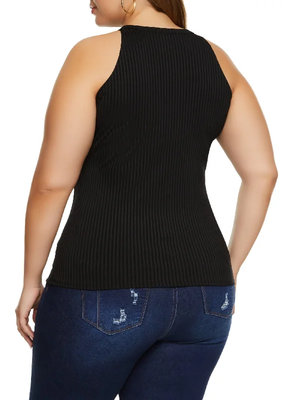 Plus Size Ribbed High Neck Tank Top