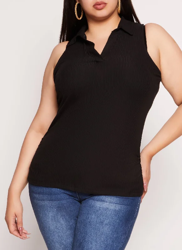 Plus Size Sleeveless Rib Knit Collared Top