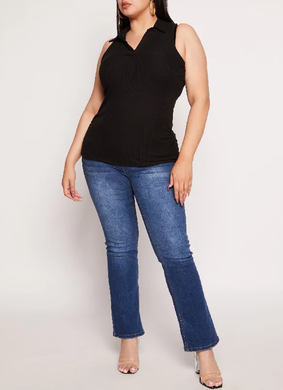 Plus Size Sleeveless Rib Knit Collared Top