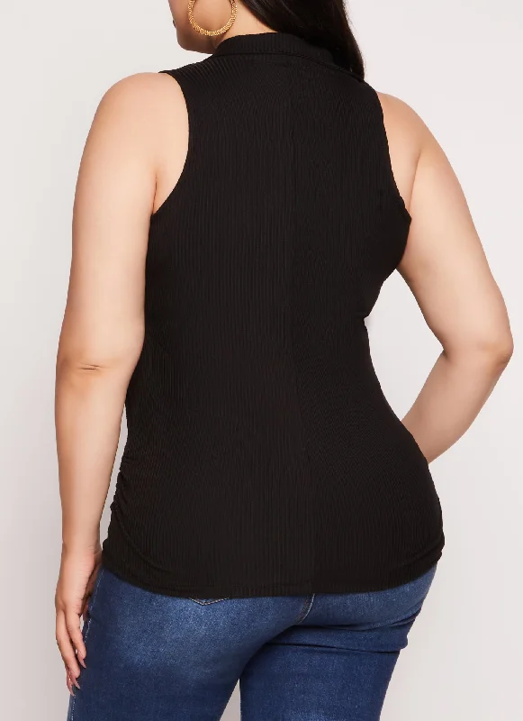 Plus Size Sleeveless Rib Knit Collared Top