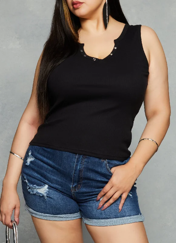 Plus Size Snap Button Notch Neck Tank Top