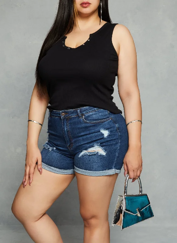 Plus Size Snap Button Notch Neck Tank Top