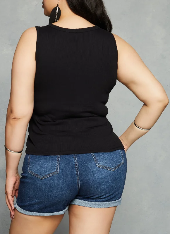 Plus Size Snap Button Notch Neck Tank Top