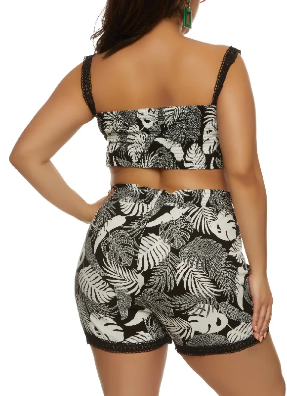 Plus Size Tropical Print Smocked Crop Top