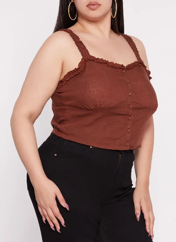 Plus Size Ruffled Trim Button Front Smocked Cami