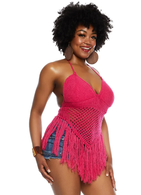 Plus Size Crochet Fringe Halter Top