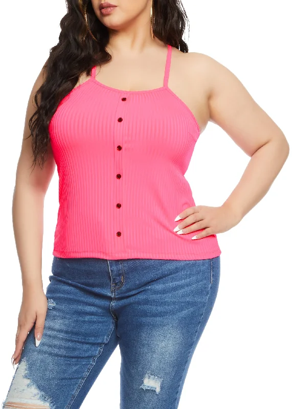 Plus Size Ribbed Faux Button Front Cami